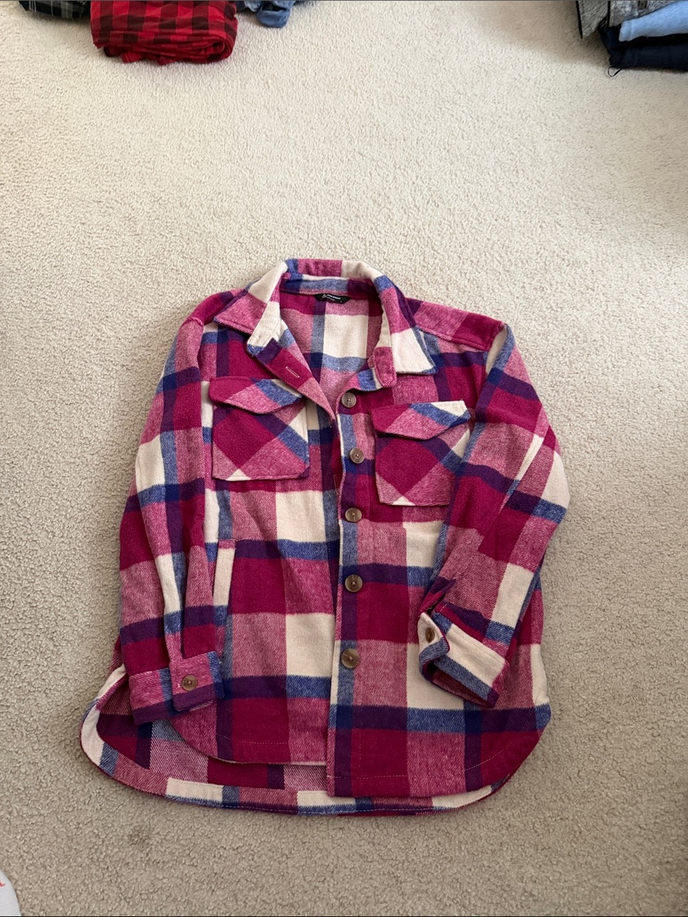Women's Pink Plaid Button-Down Shirt Jacket